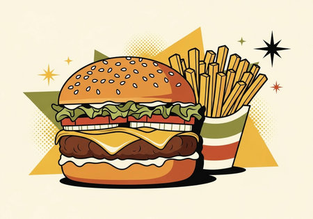 Illustration of a hamburger with french fries in retro style.の写真素材