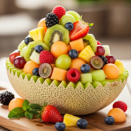 Fruit salad in melon on wooden board, closeup.
