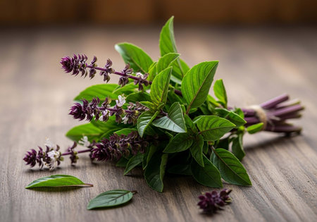 Fresh basil leaves and flowers on a wooden table, close-upの写真素材
