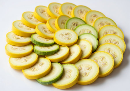 Slices of zucchini on a white background, close-upの写真素材