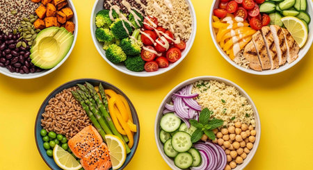 Healthy eating concept. Top view of healthy food in bowl on yellow backgroundの写真素材
