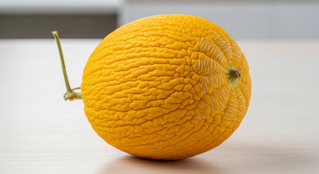 Yellow melon on a white wooden table. Close-up.