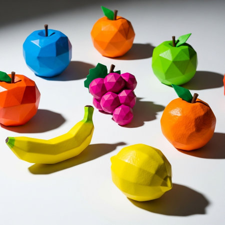 Colorful origami fruits on a white background with shadows. Close up.の写真素材