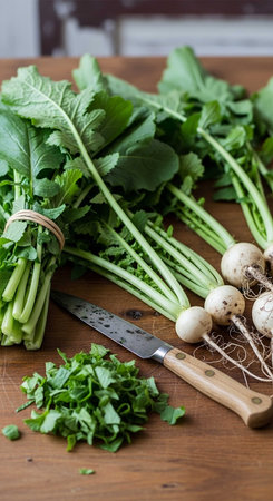 Bunch of fresh turnips with a knife on a wooden tableの写真素材