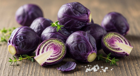 Purple cabbage with thyme and garlic on a wooden table.の写真素材