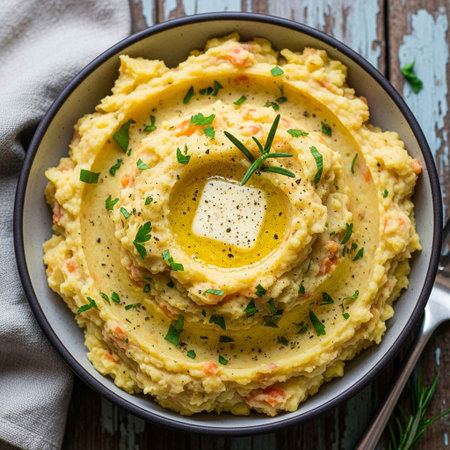 Homemade creamy mash with paprika and dill in a bowlの写真素材