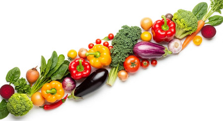 Fresh vegetables isolated on white background. Healthy food concept. Top view.の写真素材