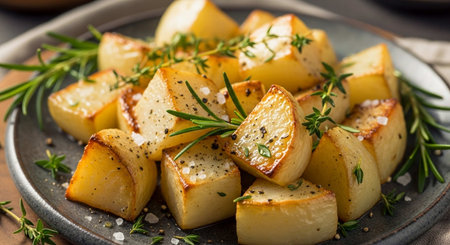 Baked potatoes with rosemary and sea salt on a plate.の写真素材