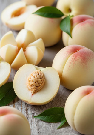 Peaches with green leaves on wooden table, food closeup.