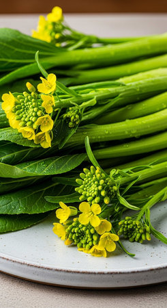 Bunch of fresh green chinese cabbage with yellow flowers on white plate