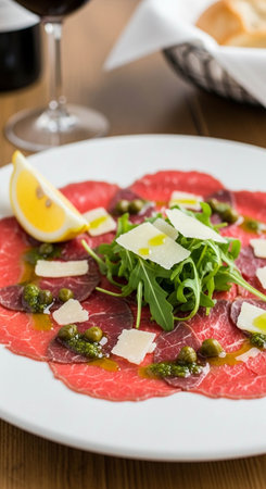 Beef carpaccio with arugula and parmesanの写真素材