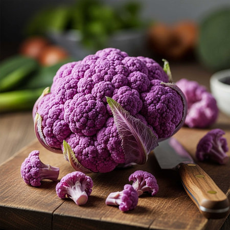 Purple cauliflower on a cutting board. Selective focus.の写真素材