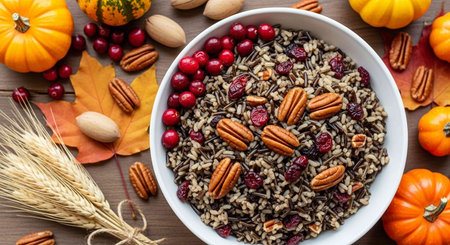 Pumpkin, cranberry and oatmeal porridge with nuts on a wooden backgroundの写真素材