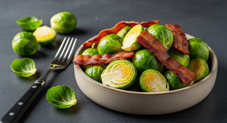 Brussels sprouts with bacon and slices of bacon in bowl on black backgroundの写真素材