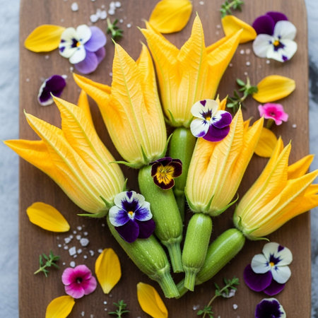 Flower arrangement with zucchini flowers and sea salt on wooden boardの写真素材