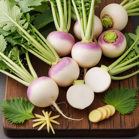 Bunch of fresh white turnips with green leaves on wooden cutting board