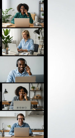 collage of smiling african american man and woman using laptop and headset in office