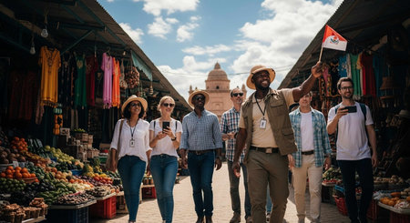 Group of tourists walking in the street. Group of multiethnic people walking in the street.の写真素材