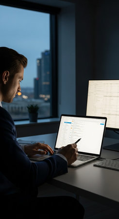 Businessman working on laptop at night in office with city view in the background