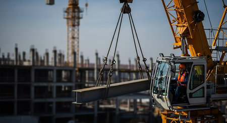 Worker on a construction site with a crane in the background.