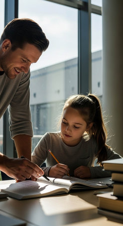 selective focus of father helping daughter with homework in living room at homeの写真素材