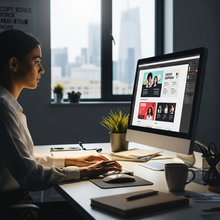Businesswoman working on computer in modern office. Video conference and online meeting concept.の写真素材