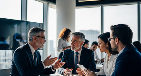 Group of business people discussing the charts and graphs showing the results of their successful teamworkの写真素材