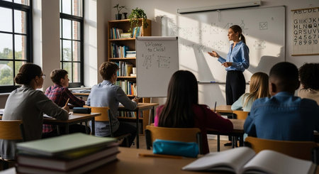 Female teacher giving a presentation to students in the classroom during a breakの写真素材