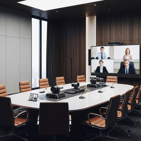 Corner of modern conference room with white walls, wooden floor, rows of black computer tables with black chairs and meeting room in background. 3d renderingの写真素材