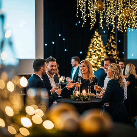 happy friends clinking glasses of champagne at christmas dinner party in restaurant