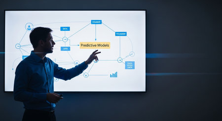 Businessman in front of a whiteboard with a business strategy presentationの写真素材
