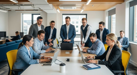 Group of business people working and communicating together in a modern office.の写真素材
