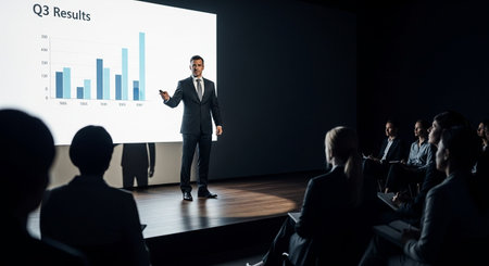 Businessman giving presentation in front of a group of business people.の写真素材