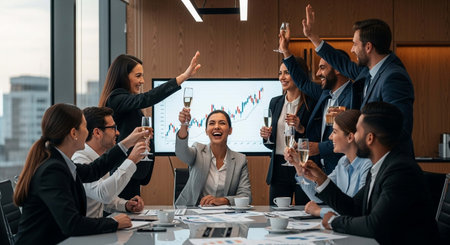 Successful business people in formal wear celebrating with champagne in modern officeの写真素材