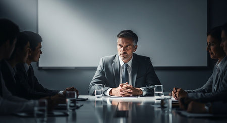Serious mature businessman sitting at table during meeting with colleagues in officeの写真素材