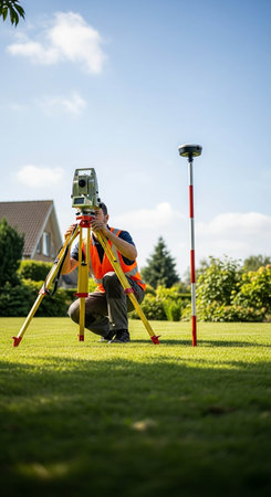 Surveyor working with theodolite at the construction site