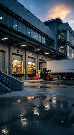 View of a warehouse at dusk, with a forklift driving through itの写真素材