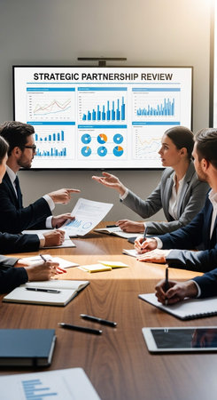 Group of business people discussing data in meeting room. Businessmen and businesswomen in formal...
