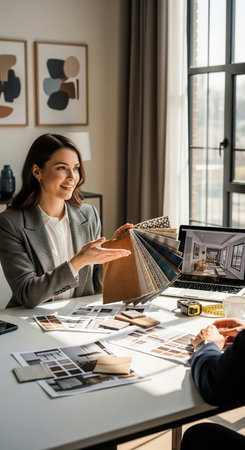 selective focus of happy young woman showing color samples to colleague in officeの写真素材