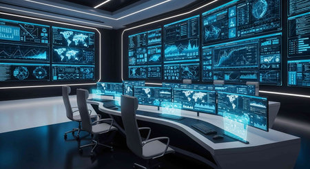 Spaceship interior with blue and white monitors and screens 3D rendering