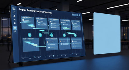 Digital composite of Business interface with mock up screens in office 3dの写真素材