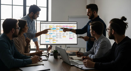 Group of young multiethnic business people in smart casual wear working together on computer in...