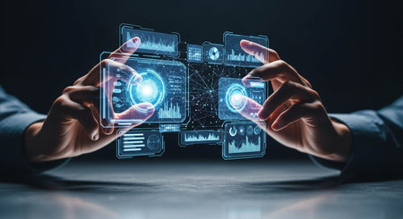 Close up of businesswoman hands working with tablet pc on dark background