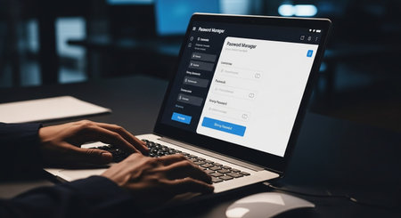 Man using a laptop computer with social media application on the screen.の写真素材