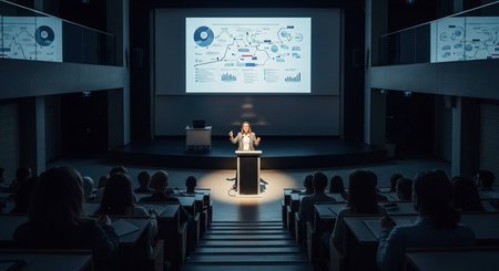 Speaker giving a talk on stage in conference hall. 3D renderingの写真素材