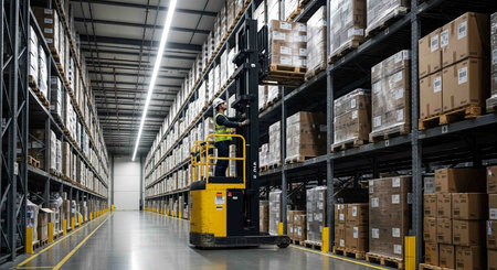 Warehouse worker using a forklift in a large warehouse. This is a freight transportation and distribution warehouse. Industrial and industrial workers conceptの写真素材
