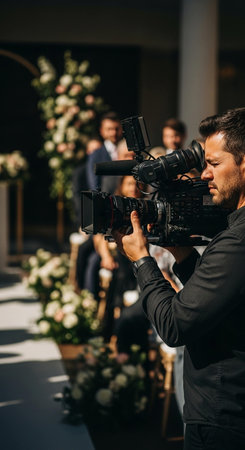 selective focus of videographer holding digital camera during wedding ceremony in churchの写真素材