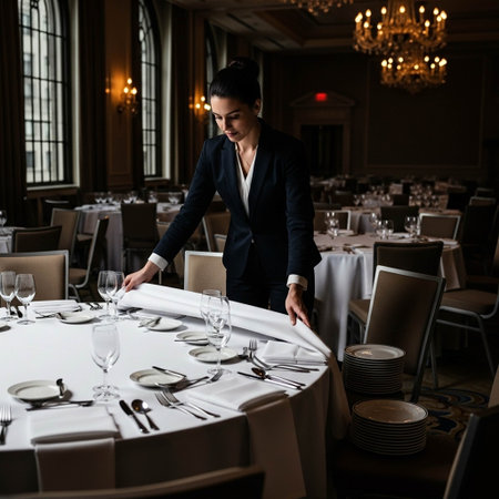 Beautiful young woman in a business suit is sitting at a table in a restaurant.の写真素材