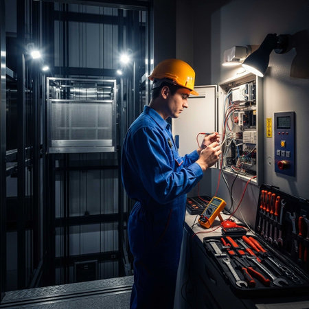 Technician or electrician in hardhat working with electrical equipment in a power plantの写真素材