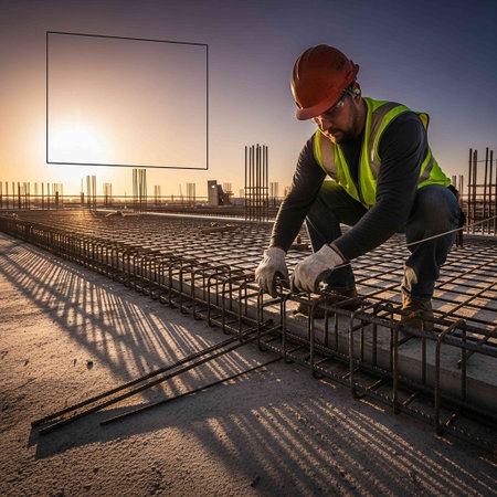 construction worker with protective helmet and safety belt working on construction site
